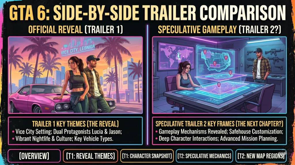 GTA 6 official trailer screenshots showing Vice City and protagonists Lucia and Jason